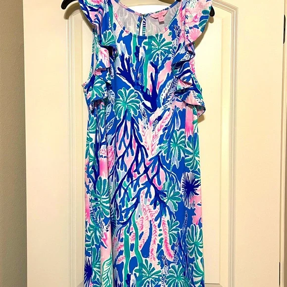 NWOT Lilly Pulitzer Esmeralda Jet Stream Blue Floral Ruffle Sleeve Shift Dress - Picture 2 of 12